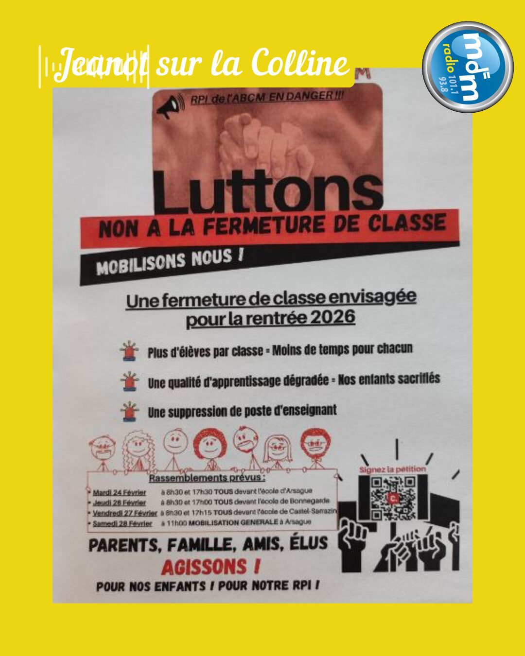 Jeanot sur la Colline 2026-02-24 - Mobilisation contre la fermeture de classe du RPI d'Arsague, Castesarrazin, Bonnegarde et Marpaps